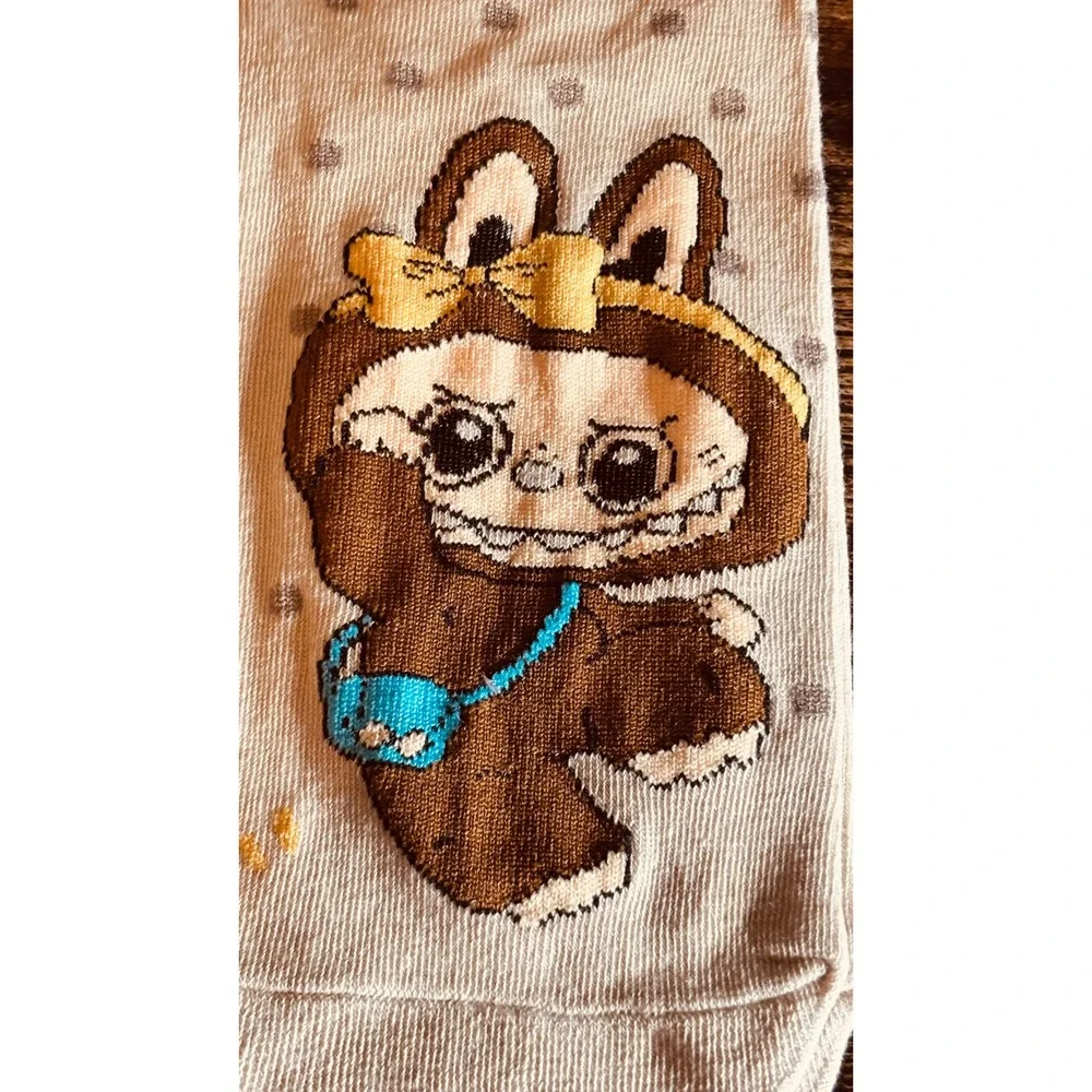 Labubu Character Combed Cotton Ankle Socks Beige Polka Dot Pop Mart Style